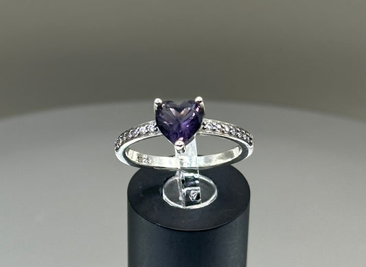 Silver ring with purple heart CZ