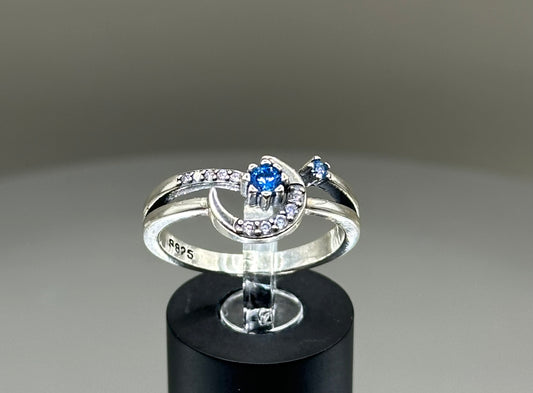 Silver ring with CZ moon design