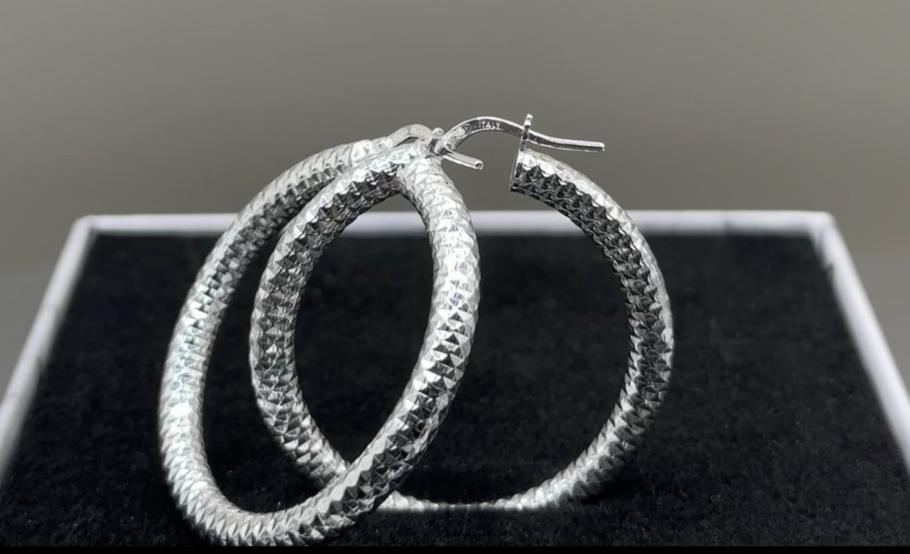 silver mini diamond cut hoop earrings