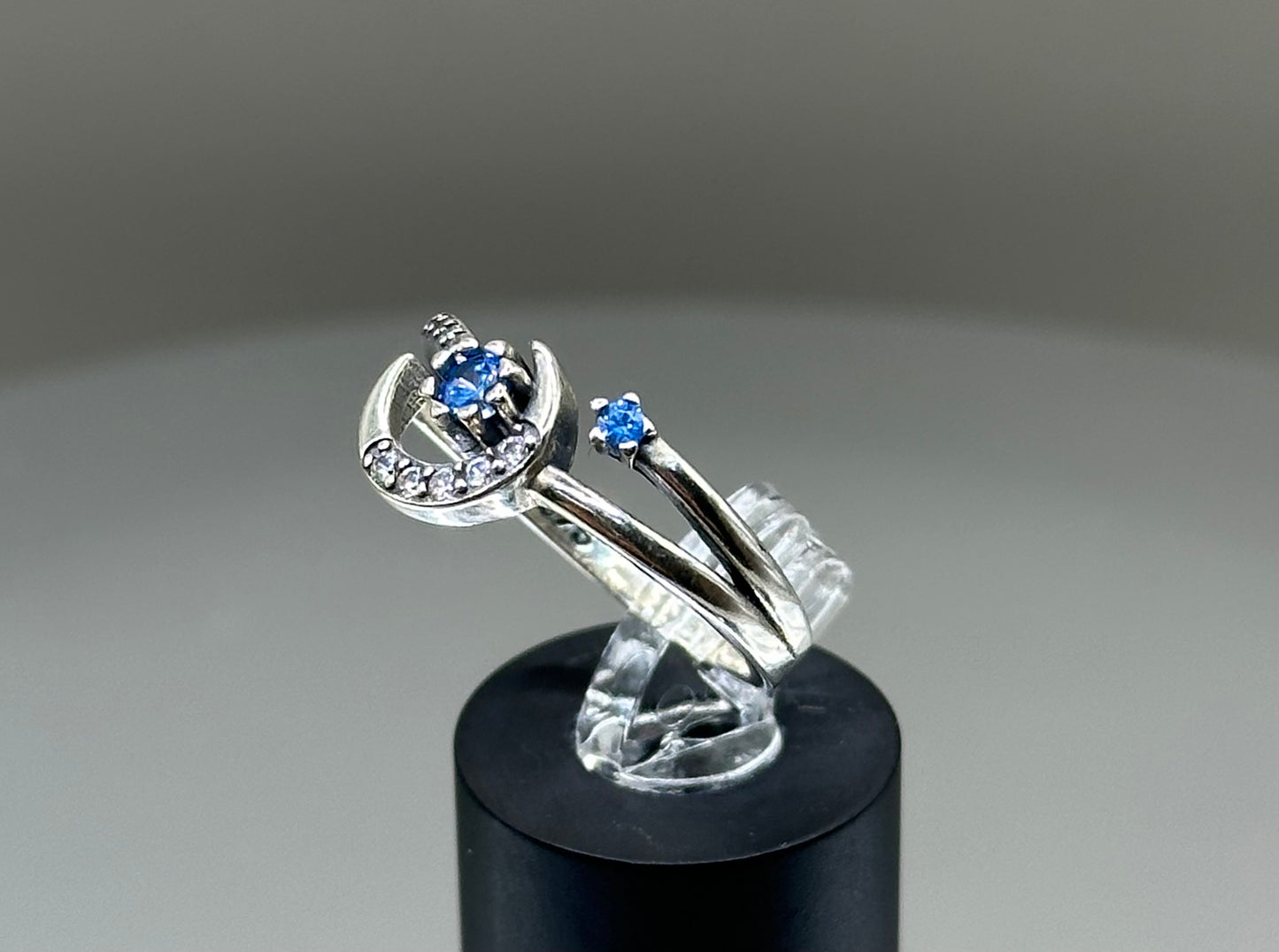 Silver ring with CZ moon design