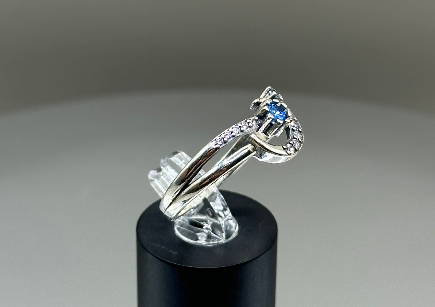 Silver ring with CZ moon design