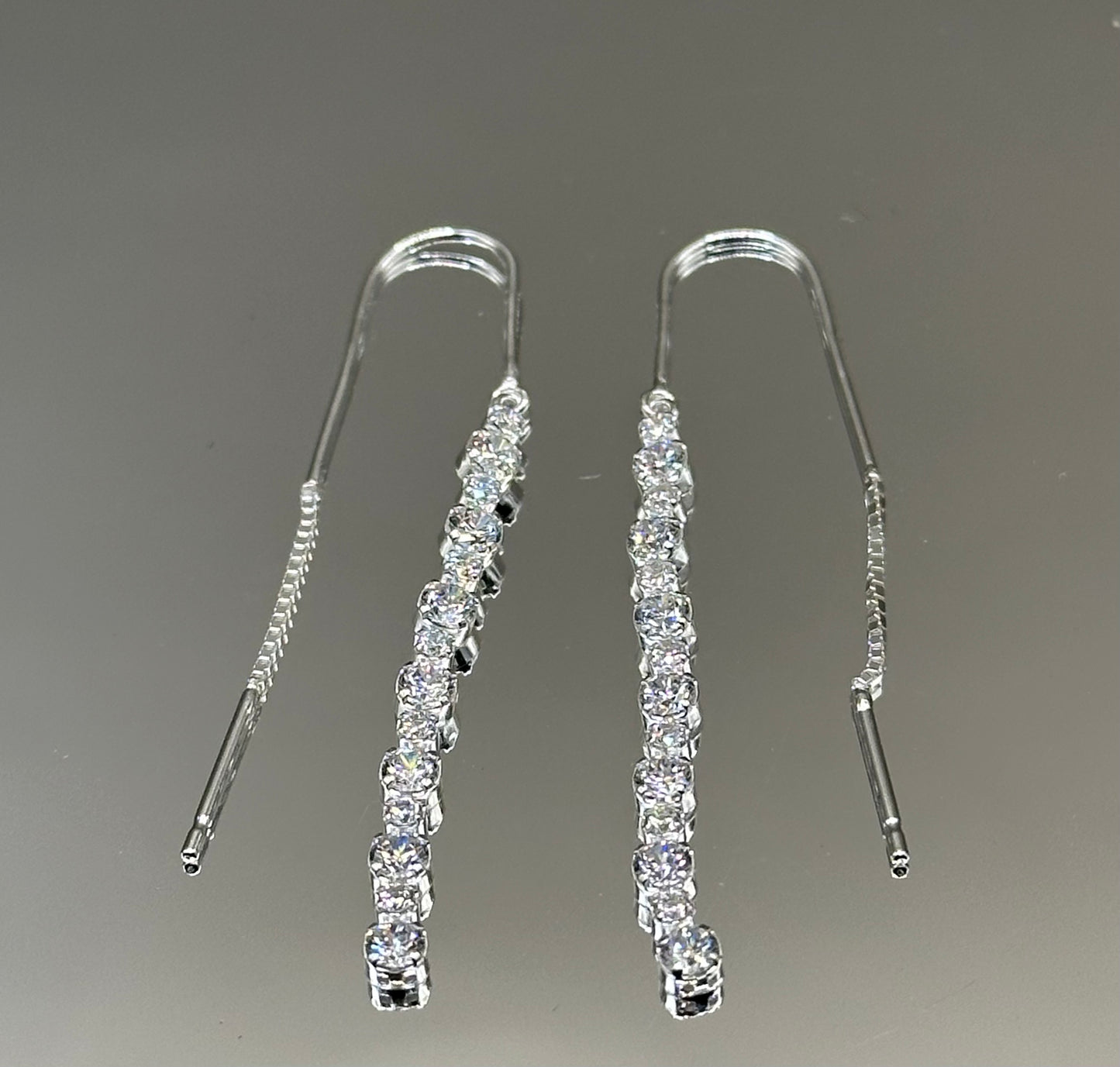 Elegant long silver earrings for weddings with CZ